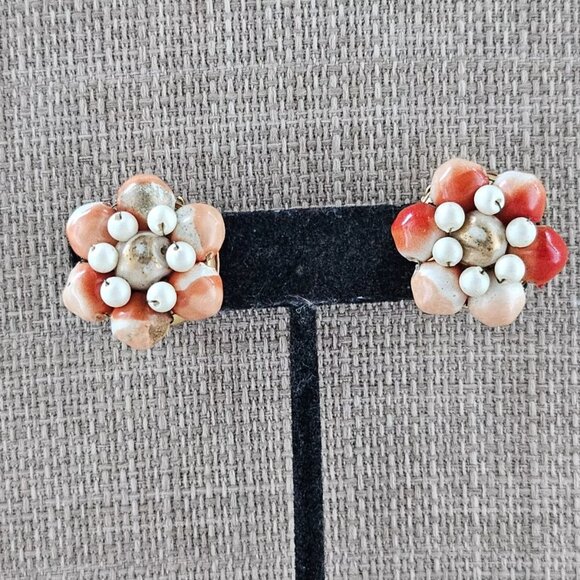 Vintage Clip On Earrings Orange Beads Gold Tone Round Stud Earrings Jewelry - Picture 4 of 11